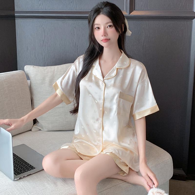 Women's Summer Pink Stripe Ice Silk Short Sleeve Pajama Set for Indoors and Outdoors