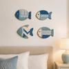Nautical Home Ornaments 4PCS Wooden Fish Wall Decoration, Rustic Mediterranean Style Hanging Plaques, Blue White And Ocean Theme Decorations Geometric