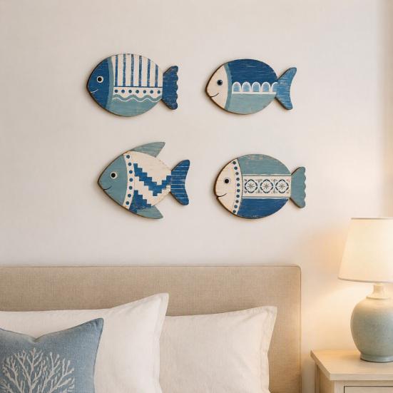 Nautical Home Ornaments 4PCS Wooden Fish Wall Decoration, Rustic Mediterranean Style Hanging Plaques, Blue White And Ocean Theme Decorations Geometric