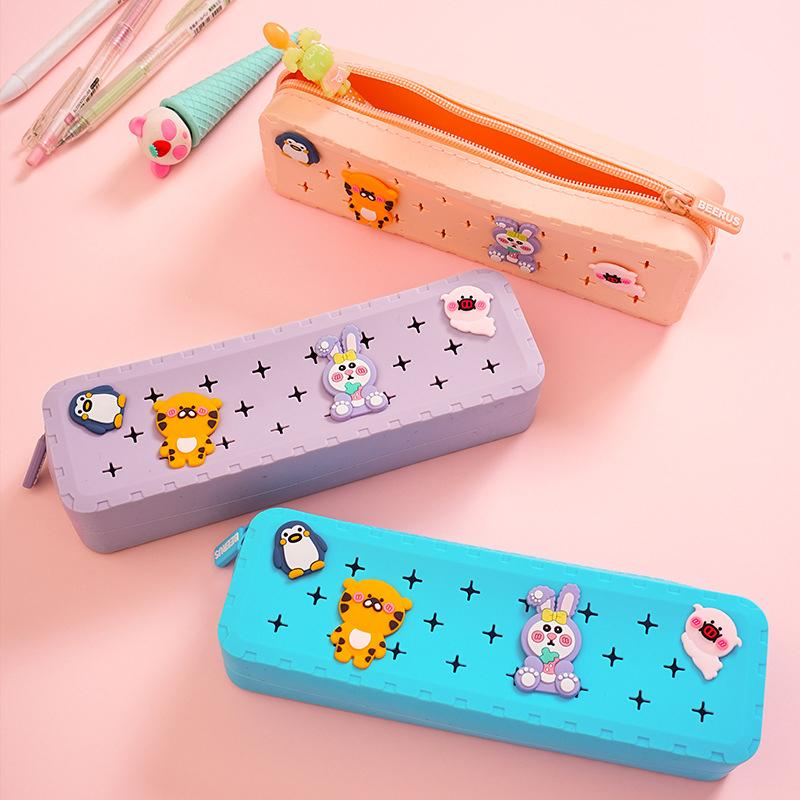 Silicone Zip-Up Pencil Case, Stationery Organiser,Diy Cartoon Pencil Case,Suitable For Primary And Secondary School Pupils