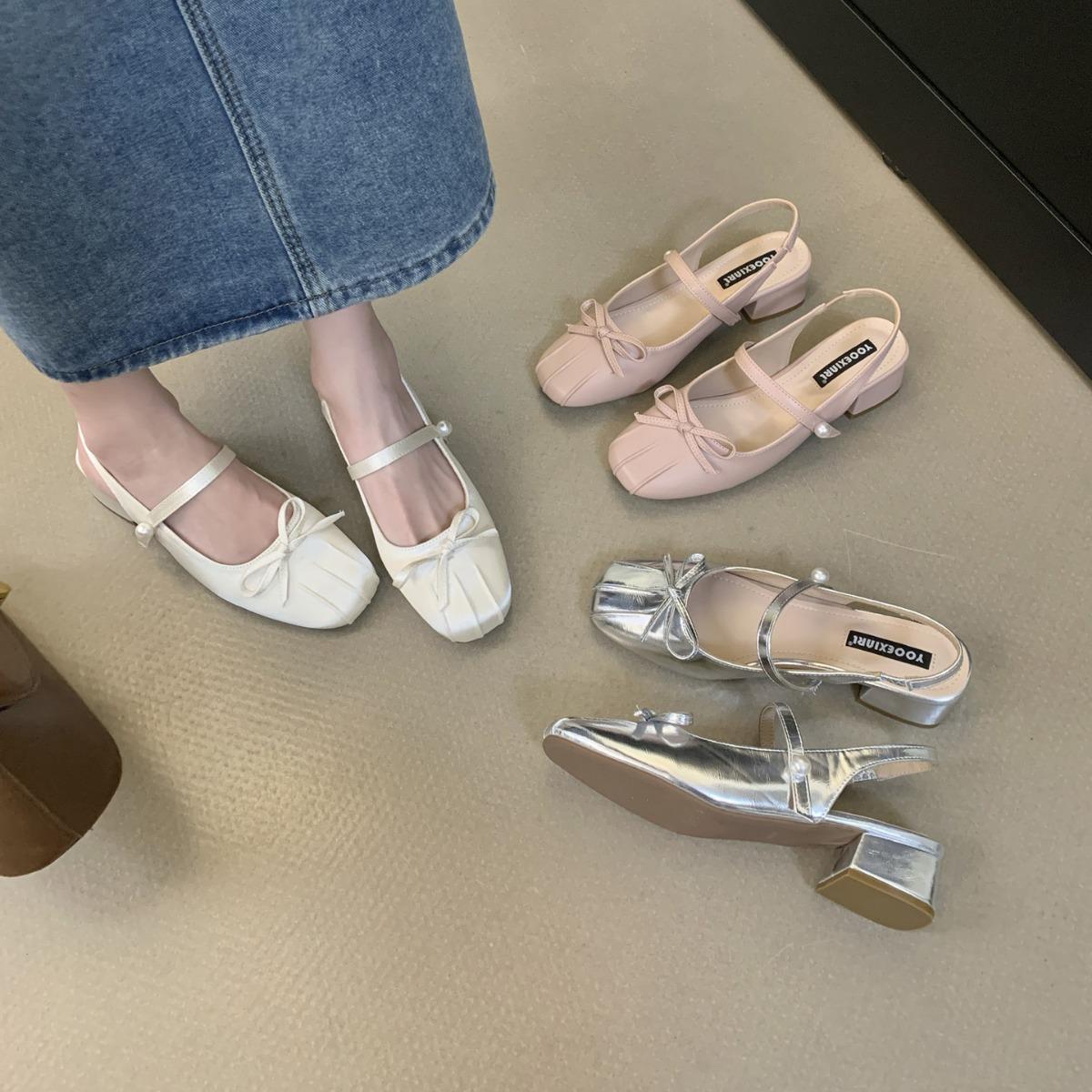 

2025 new summer one-word with bow thick middle heel outer wear folds evening niche Mary Jane women s single shoes 39 бежевый