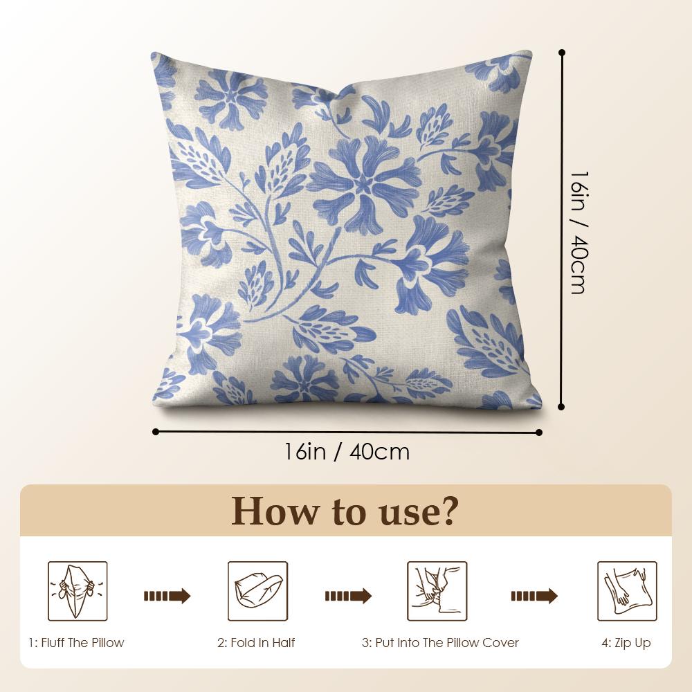 Federa per Cuscino Fiori Retrò Blu Federa per Cuscino in Lino Naturale Federa per Cuscino Stampa Double-Face per Divano Decorazione Casa