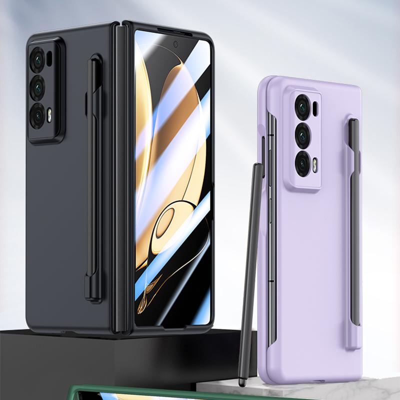 

For Honor Magic V2 5G Skin-touch Phone Case with Tempered Glass Film and Stylus Orange