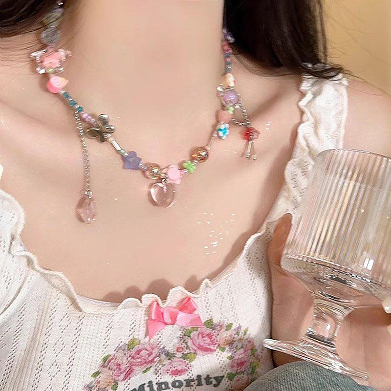 Y2K Heart Butterfly Přívěsek Choker náhrdelník Barevný korálkový řetízek klíční kosti pro ženy Dívka Punk Sladký estetický párty šperk