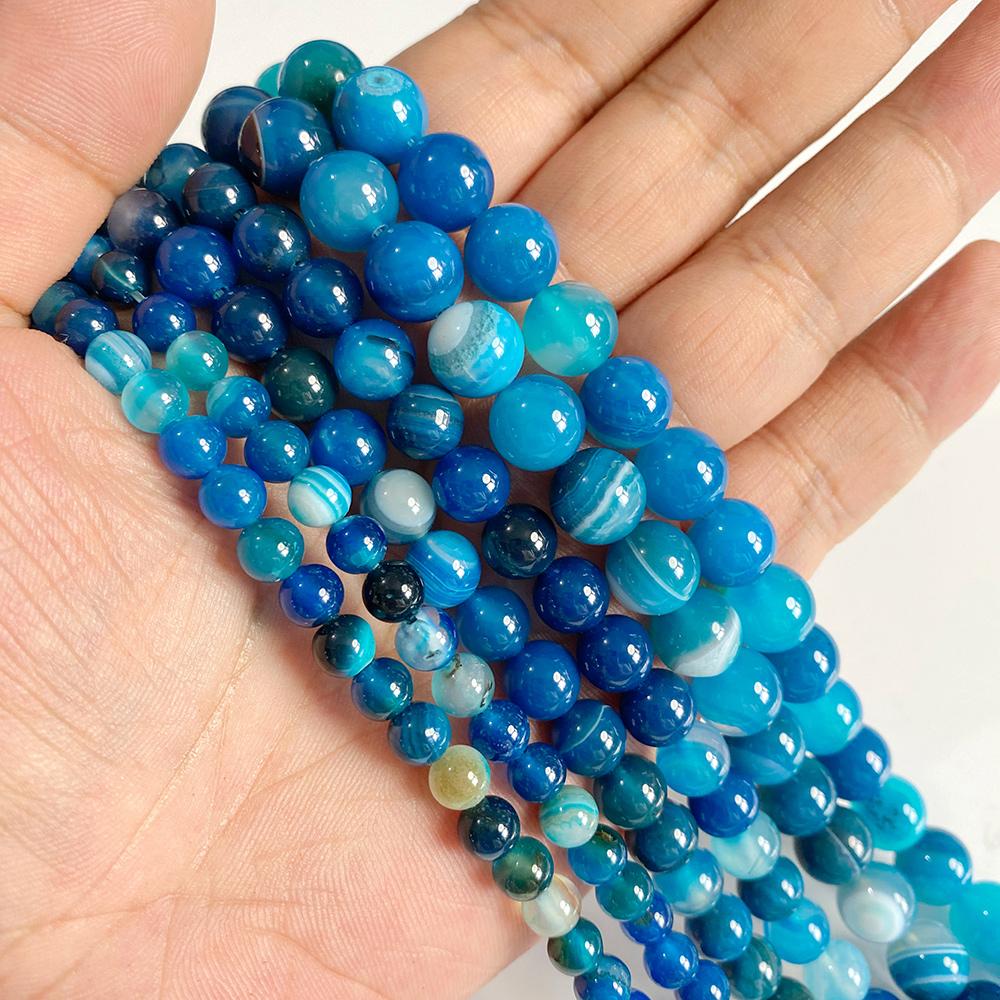6 8 10 MM  Matte Natural Stone Beads Polished Blue Stripes Agates Stone Beads Diy Spacer Loose Beads for Jewelry Making Bracelet