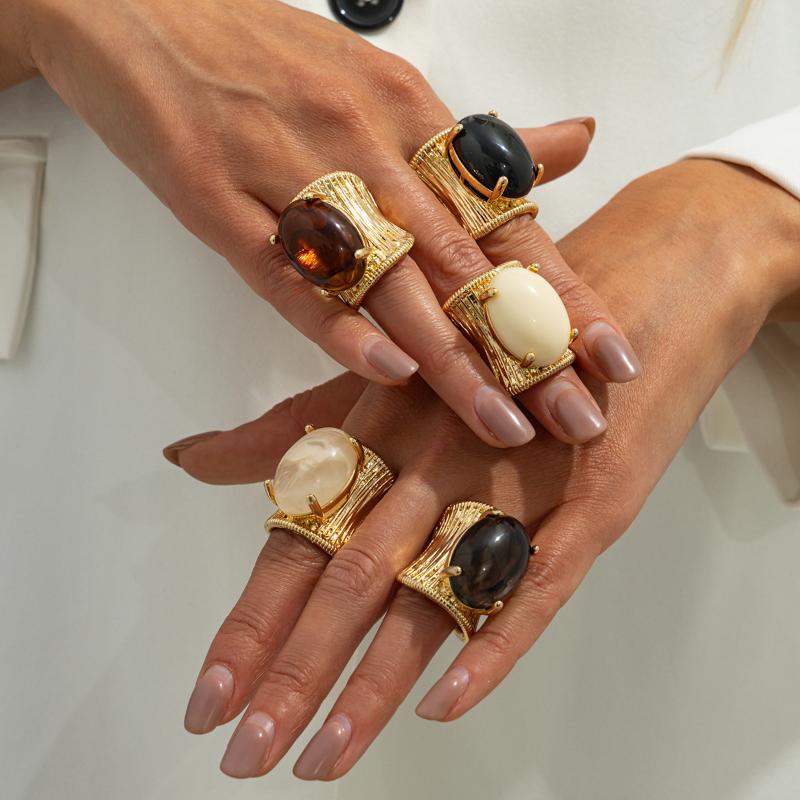 Rock Punk Hip Hop Vintage Elegant Black Brown Shading Resin Stone Chunky Metal Ring For Women Girl Jewelry Accessories Gift