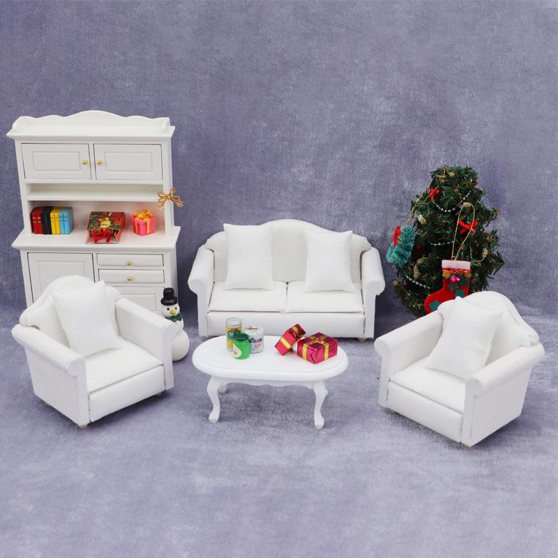 1:12 Dollhouse White Sofa Set - 3-Piece Mini Furniture with Cushions for ob11