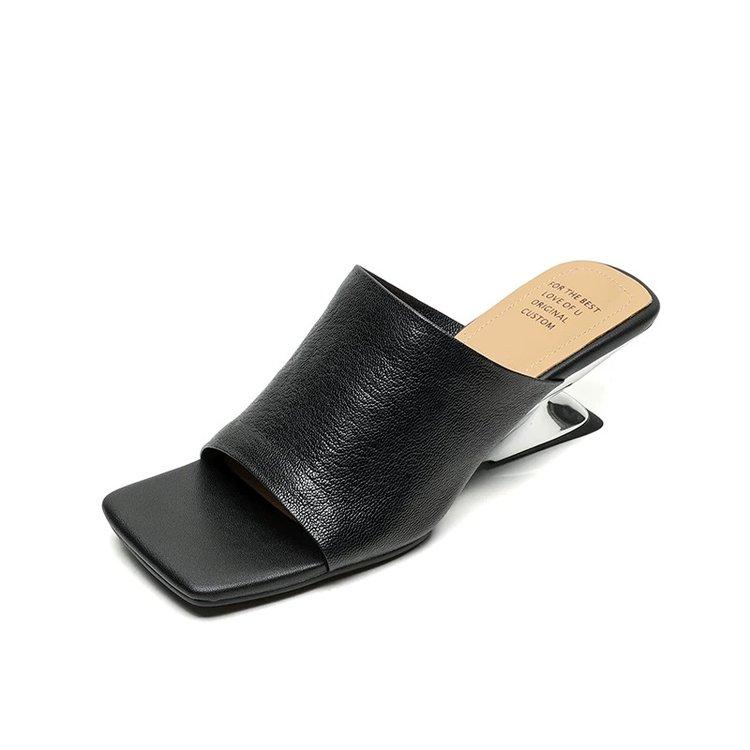 Fashion Retro Fashion Limp Heel Slippers for Women 2025 Summer New Square Toe Soft Leather Flip-flops Special-shaped Heels