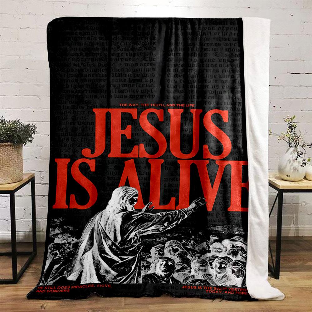 Jesus, Blanket, Religious Jesus Print, Dark Backdrop, Bold Lettering Printed Blanket for Living Room Bed Couch Lunch Break Blanket for Festival Gift