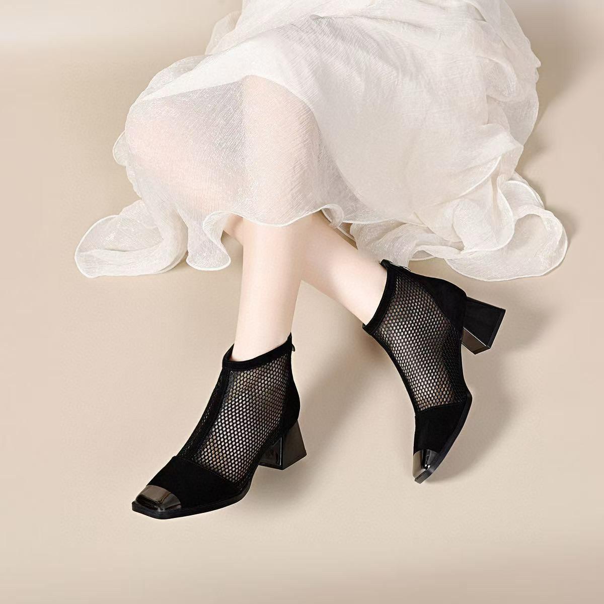 

Женские сетчатые туфли-лодочки на высоком каблуке, весенние новинки, с железным носком, квадратным носком, толстым каблуком, сетчатые ботильоны, задняя молния, крутые ботинки 40
