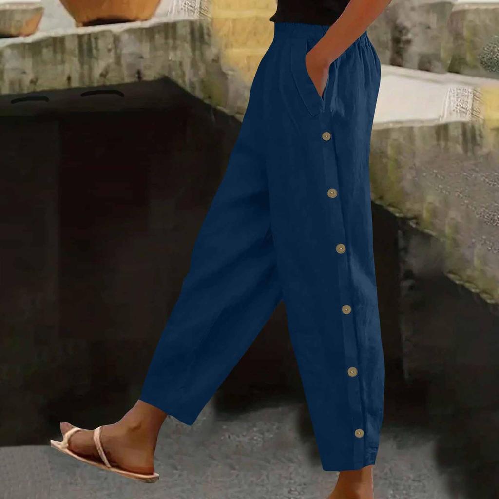 Women's Fashion Side-Button Pocket -Color Mid- Cotton-Linen Blend Relaxed-Fit Trousers