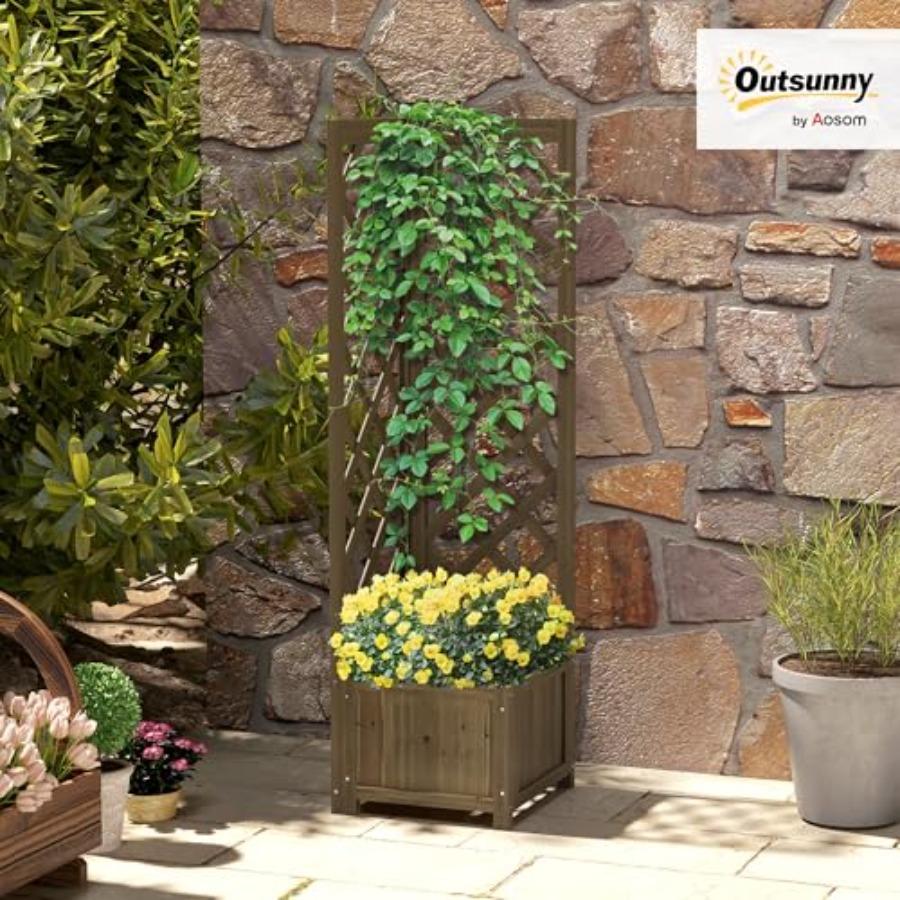 Bac à Fleurs Surélevé en Bois avec Treillis 57 Jardinière d'Angle Autoportante pour Plantes Grimpantes Fleurs Grimpantes et Plantation Carboniz