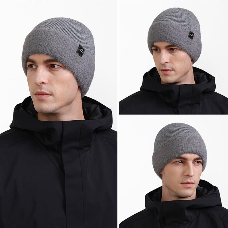 Knitted Hat Men's High Elastic Large Head Wool Hat with Thick Velvet Ear Protection Solid Color Cap