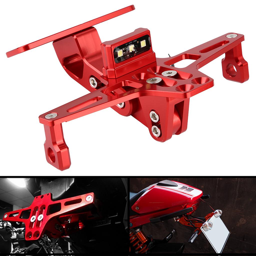Motorcycle License Plate Bracket , Aluminum Red Rr License Plate Mount Holder with LED Light