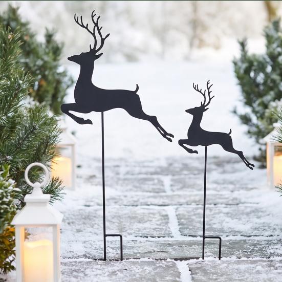 Waterproof Garden Stake 2Pcs/Set Christmas Elk Stake, Black Reindeer Silhouette Yard Art, Holiday Decorative Stakes Deer Flower Bed Sign for