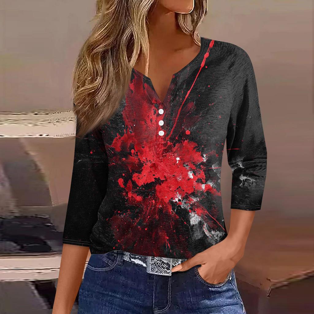 Women's Fashion Casual Halloween Printed V.Neck Short Sleeve Decorative Button Three.quarter Sleeve T-shirt Tor