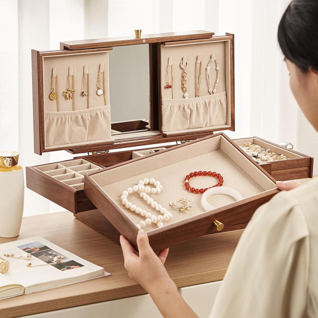 Homruilink Wooden Jewelry Black Large Capacity Jewelry Storage Case with Multifunctional Drawers for and Day Gift for Women Box, 3-Tier, Walnut,