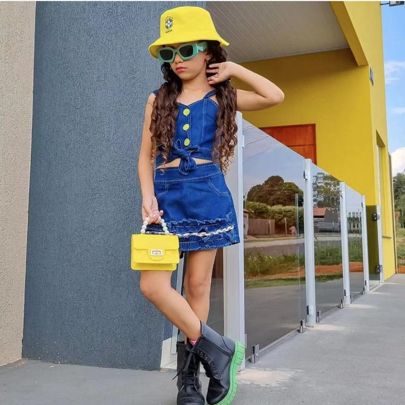 Girls' Fashion Set Summer Children's Strappy Top with Fisherman's Hat and Short Skirt Set