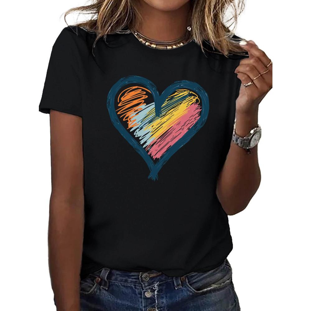 Ladies' Soft T-shirt with Bright Hand Painted Heart Shaped Design Comfortable Casual Fit Round Neck Summer Short Sleeved Shirt