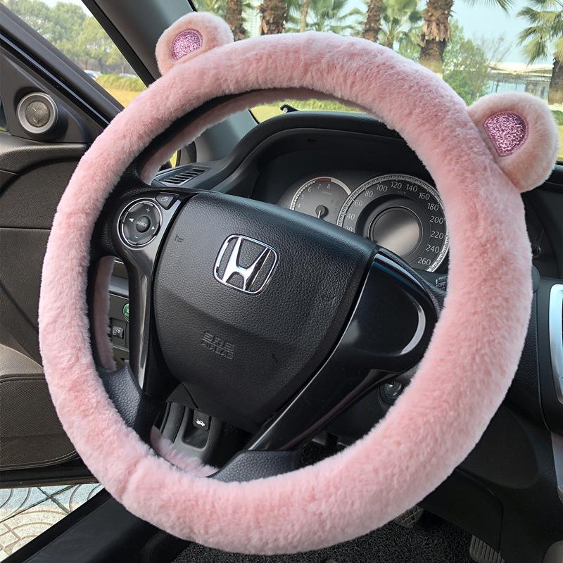 Short Plush Steering Wheel Cover Kawaii Winter Warm Car Handle Cover Anti-skid Cartoon Cute Cat Ear Steering Cover Pink Gift
