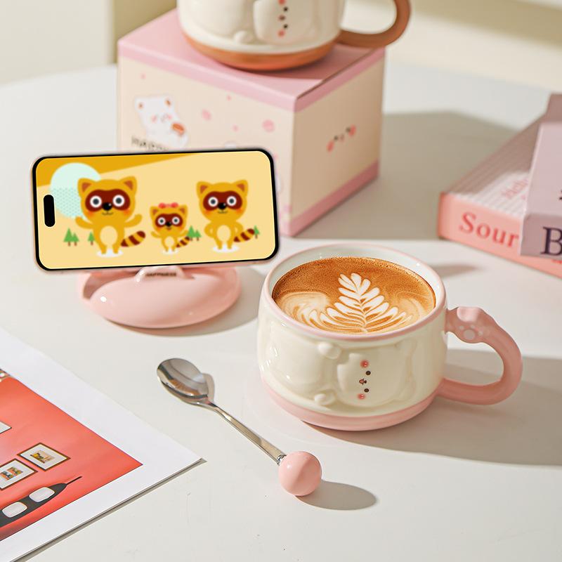 Cute Girl Cartoon Chubby Ceramic Mug with Lid Mobile Phone Stand Cup Birthday Gift Water Cup Souvenir