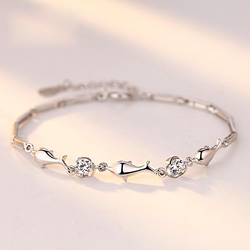 Dolphin Bay Lovers' Zircon Inlaid Copper Silver-Plated Bracelet for Women Fashionable and Stylish Korean-style Hand Accessories
