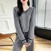 Women's Color-Block V-Neck Long Sleeve Loose Wool Pullover Sweater