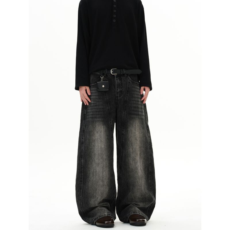 Kisko American Retro Bamboo Texture Contrast Stitching Deconstructed Scimitar Jeans Unisex Design Loose Straight Pants