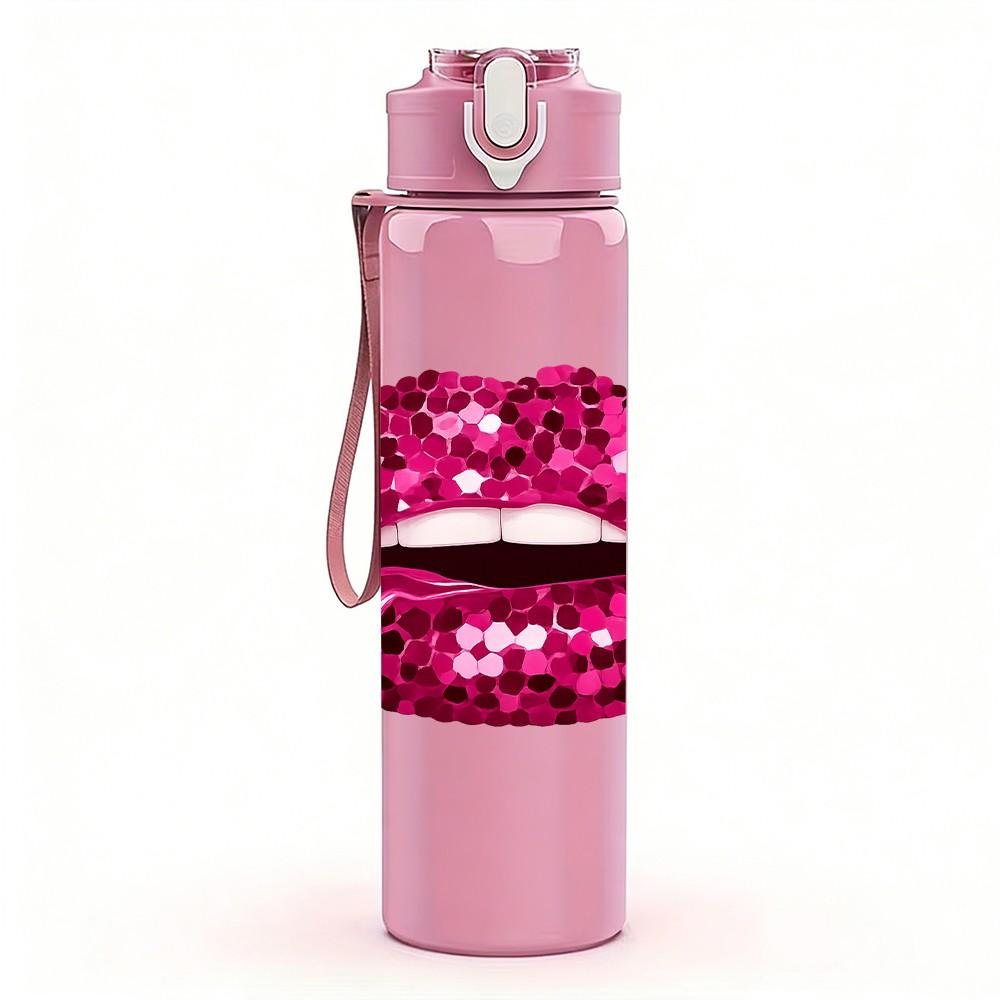 1PC Shiny Red Lips Lip Art Print 750ml Color Plastic Sports Water Bottle Leakproof Flip Straw Lid Suitable for Sports Office Home Use