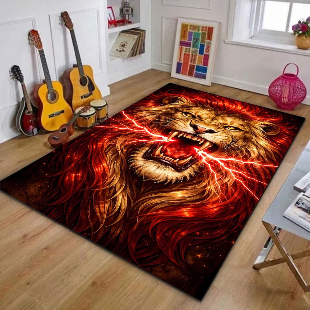 Roaring Fiery Lion Power Patterned Carpet, Non Slip Mat Suitable for Living Room and Bedroom Sofas