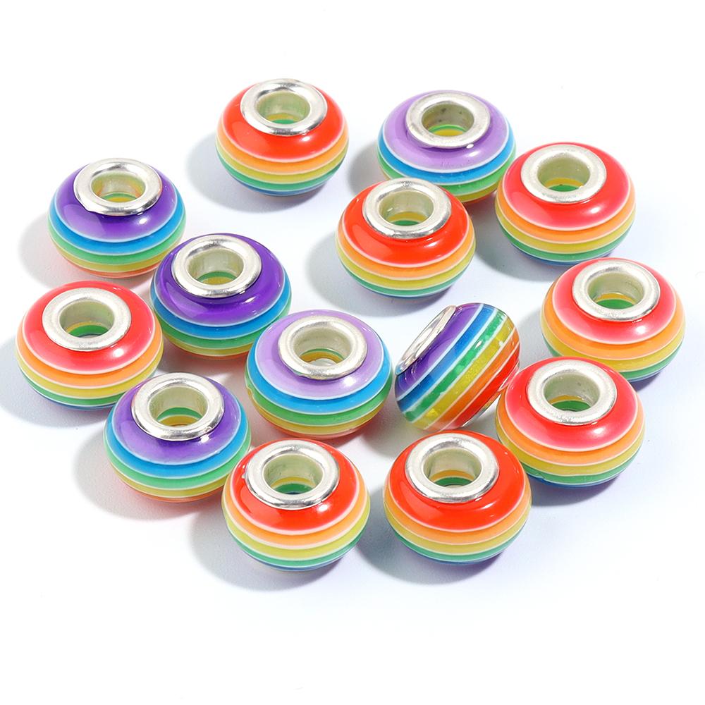 20pcs 14x8.5mm Resin Beads Rainbow Stripe Flat Round Big Hole Loose Beads For Jewelry Making DIY Bracelets Necklace Accessories