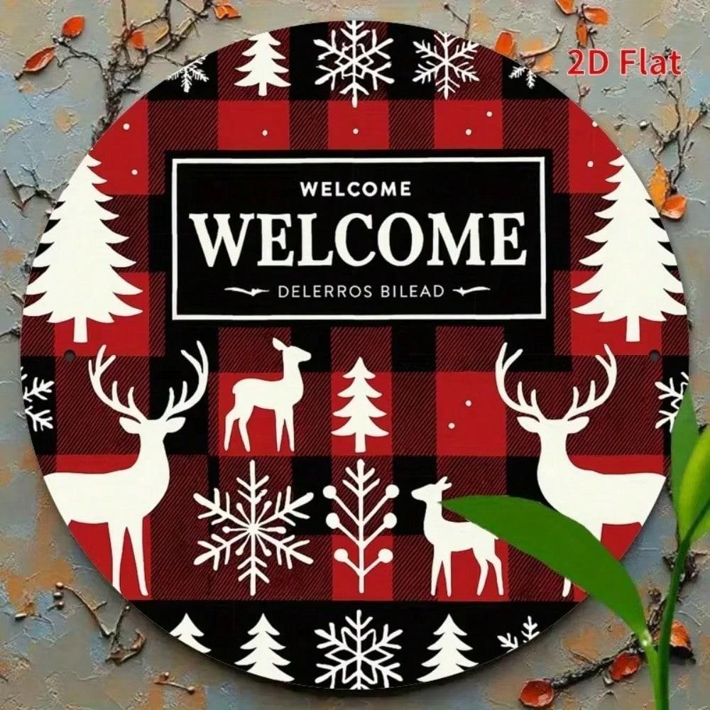 2D Flat Metal Sign Round Holiday Decoration Welcome Christmas