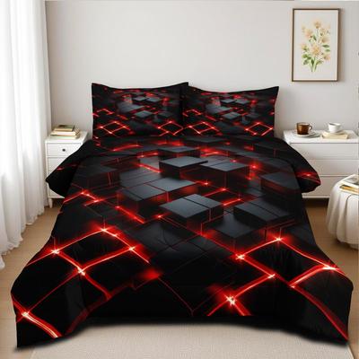 Rot Schwarz Geometrisch Queen Size 3D Stereoskopisch Quadratisches Bettwäsche-Set Leuchtende Neon-Geometrie Bettwäsche-Sets Weiche Mikrofaser