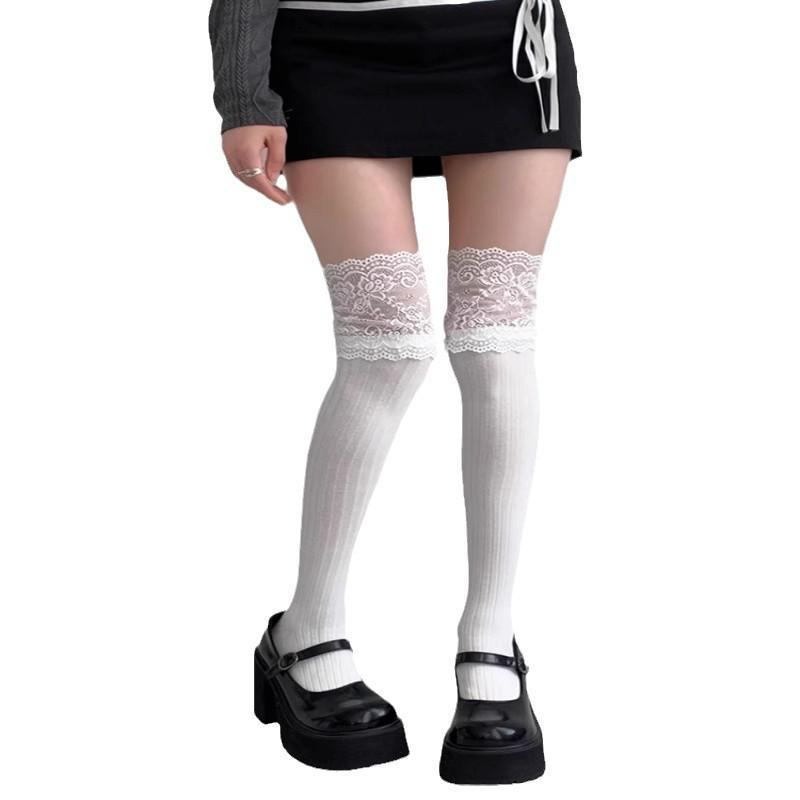 Damen Overknee Baumwoll-Oberschenkelhohe Socken, Weiße Spitze, Slim Fit, Ideal für Stiefel, Herbst/Winter