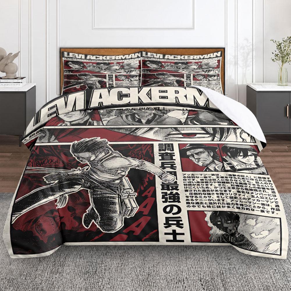 Retro Levi Ackerman Attack on Titan Manga Red Duvet Cover with Pillowcases, Cooling Duvet Cover for Warm Nights