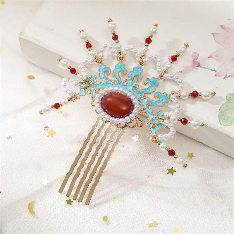 Ancient Style God of Wealth Hair Comb – Green Copper Coin Hanfu and Ma Mian Skirt Accessory