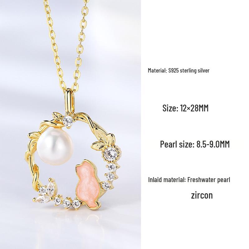 Elegant Moonlit Cat Pearl Necklace: 925 Sterling Silver, Unique Forest-Inspired Clavicle Chain Sterling Silver