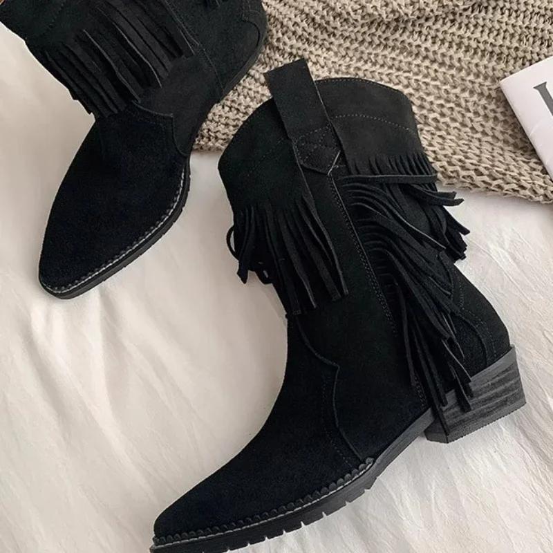 

модная женская обувь 2024 высокое качество до середины икры женские сапоги элегантные современные сапоги женские бахрома острый носок слипоны обувь на низком каблуке женская 39 чёрный