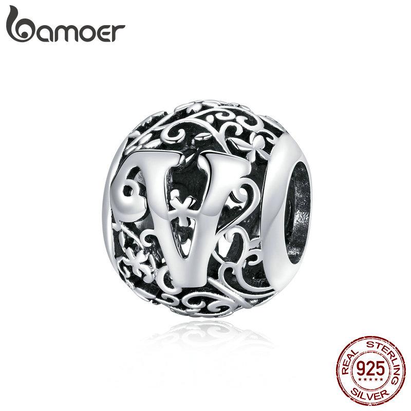 BAMOER 925 Silver Retro Letter Charms Hollowed Alphabet A-Z Round Beads for Women Bracelet DIY Jewelry Making