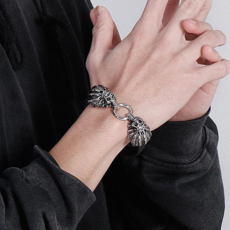 Gothic Punk Style Double Skull Head Bracelet for Men Retro Stainless Steel & Braided Leather Men's Wrap Bracelets Jewelry Accessory