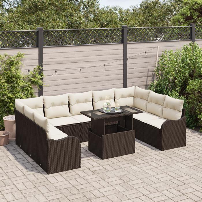 Ensemble de 10 Pièces de Canapé de Jardin avec Coussins en Rattan Poly Marron, Canapé de Jardin 2 Places avec Rangement 3357261
