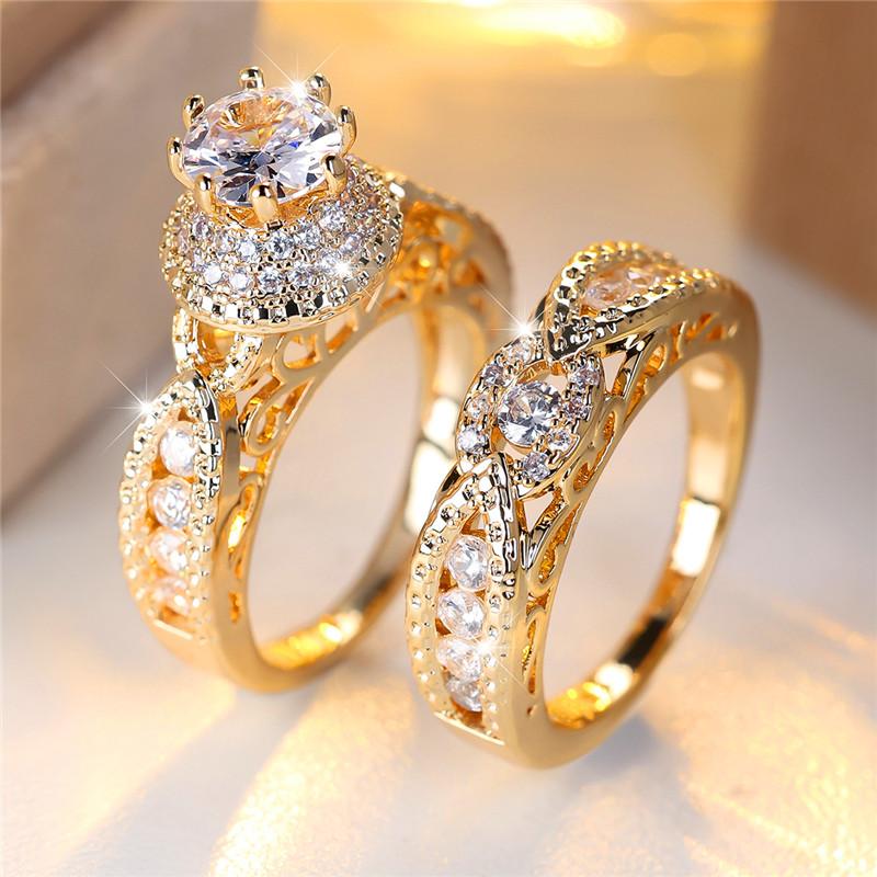 Luxury Female Crystal Rose Red Round Zircon Stone Engagement Ring Set Cute Black Gold Color Wedding Jewelry For Women