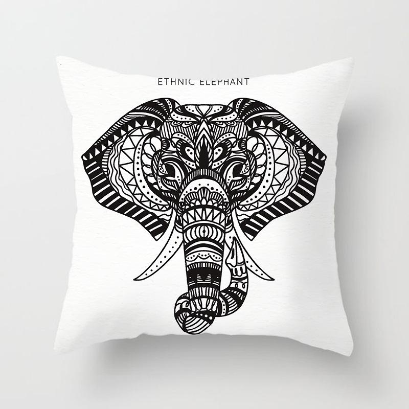 Black and White Ethnic Style Elephant Print Car Cushion Cover Sofa Pillow Cover Homewares