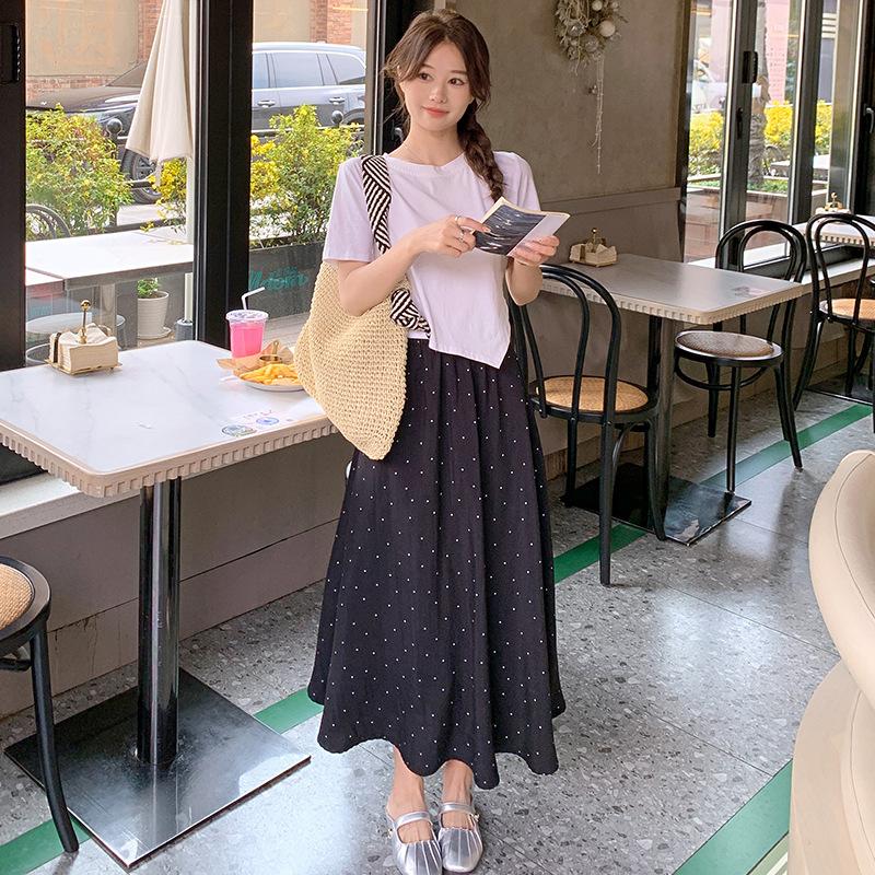 

Нежный стиль Юбка из облачного хлопка в мелкий горошек на лето Миди Длина С высокой талией Стройнит и прикрывает бедра Универсальная и свежая Юбка-зонтик L чёрный