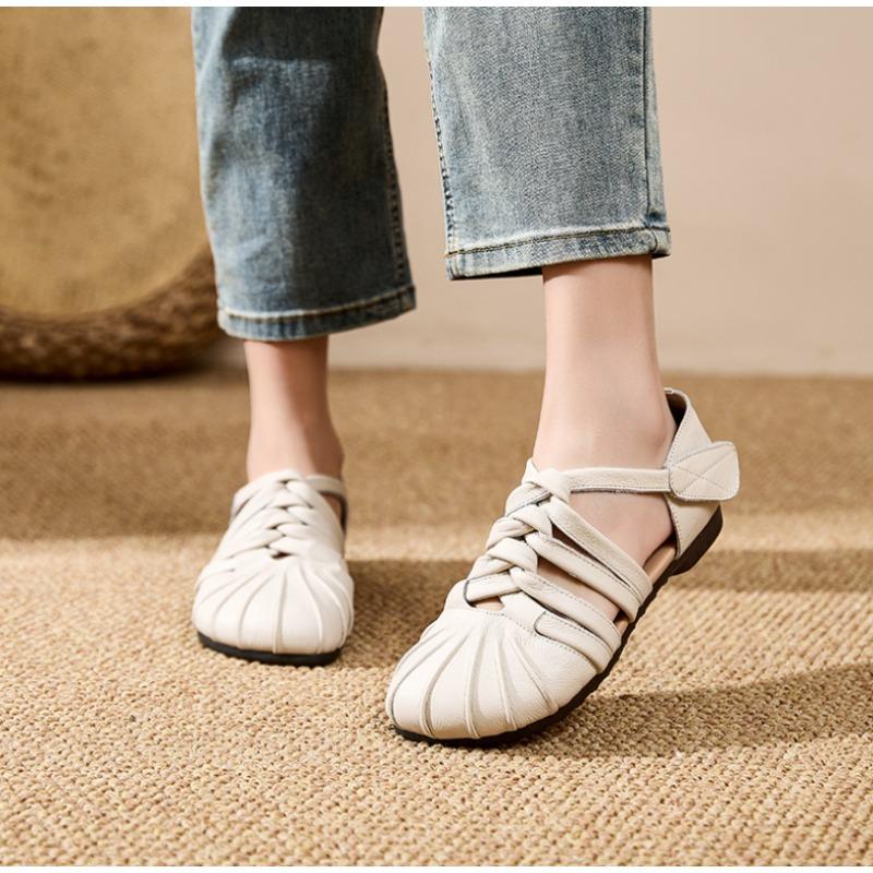 Genuine Leather Hollow Out Women Sandals Summer New Women's Flat Shoes Cow Tendon Soft Sole Comfortable Casual Mom Shoes