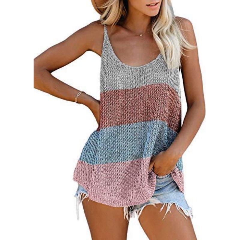 Women Loose Striped Color Block Round Neck Sleeveless Knit Tank Top