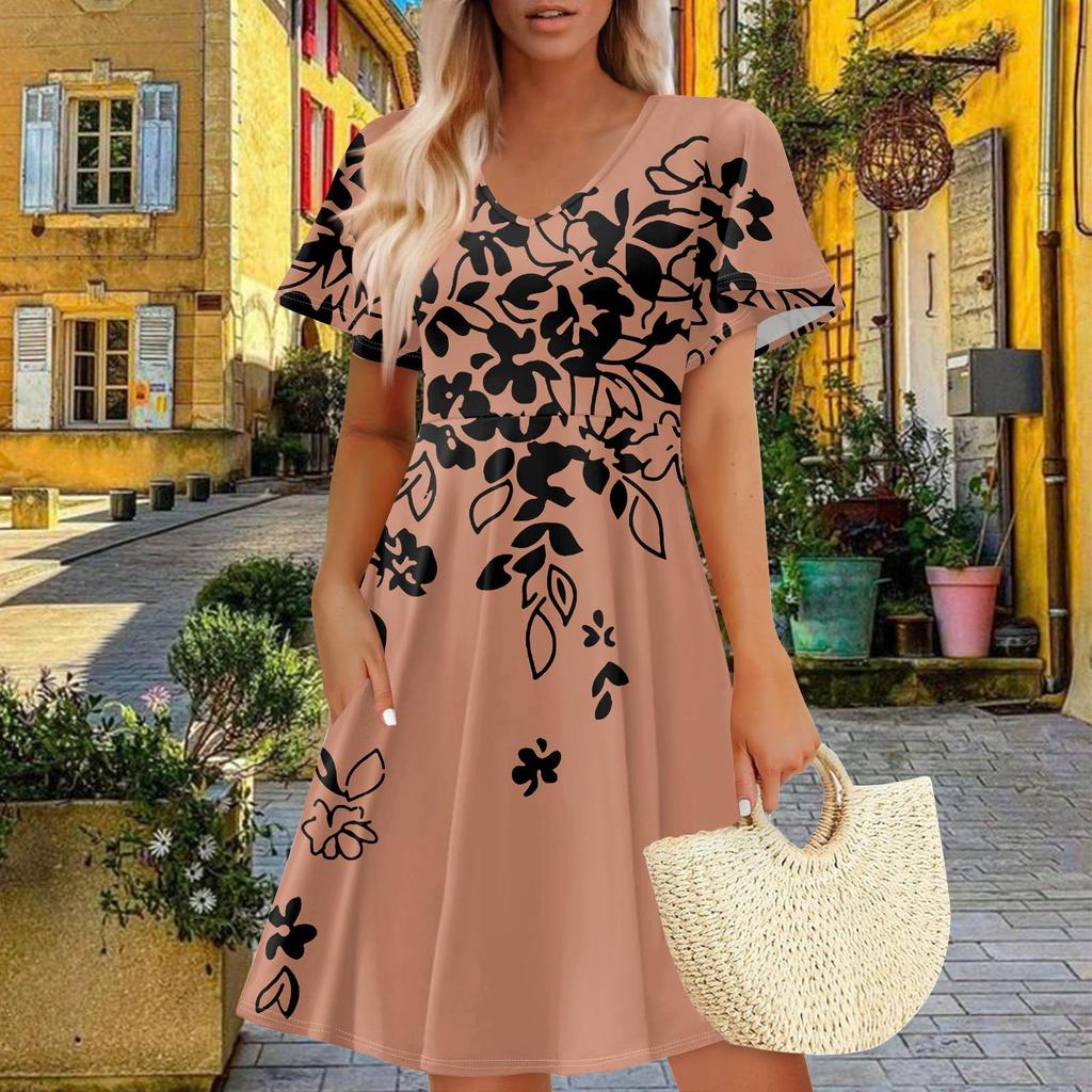 Women Summer Dress Casual Swing Floral Ruffle Short Sleeve Sundresses Beach  A-line  Dress  With Pockets