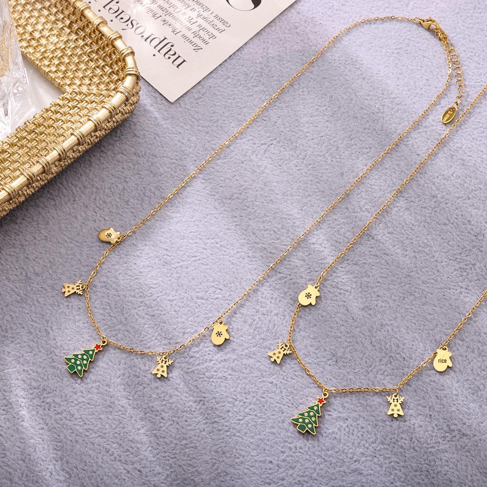 Ferris Wheel Green Enamel Christmas Tree Zircon Pendant Necklace with Reindeer Tassel and Stainless Steel Chain.