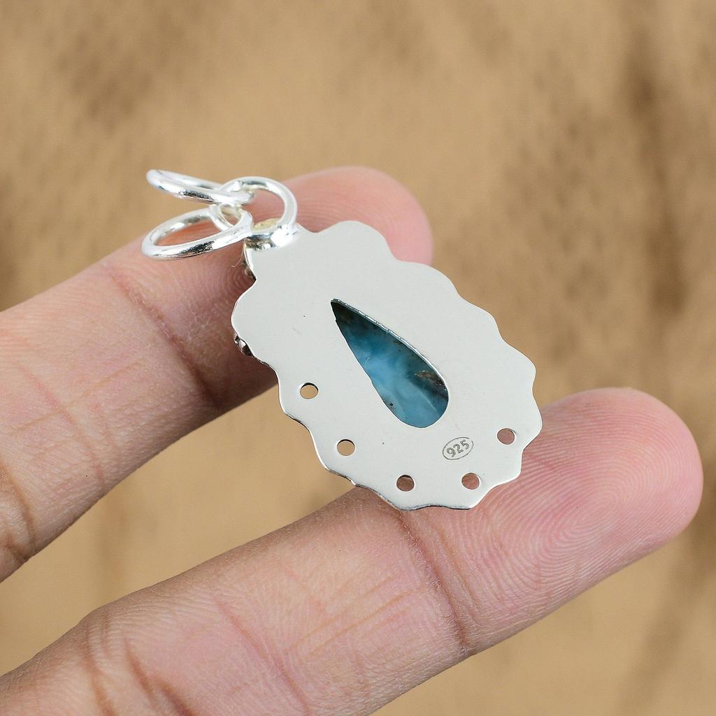 Natural Larimar Gemstone Pendant Blue 925 Sterling Silver Indian Jewelry