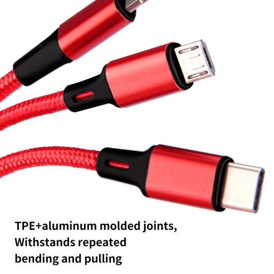Charging Cable Three-in-One Fast Charge Nylon Braided 2A 8Pin Type-C Micro USB Charging Cord Mobile Phone Wire for Home